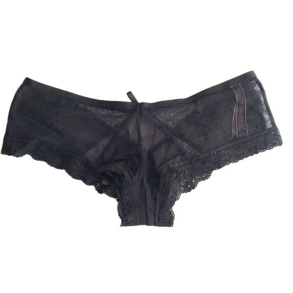 Victoria’s Secret black lace sexy cheeky panty with attached pom poms size M